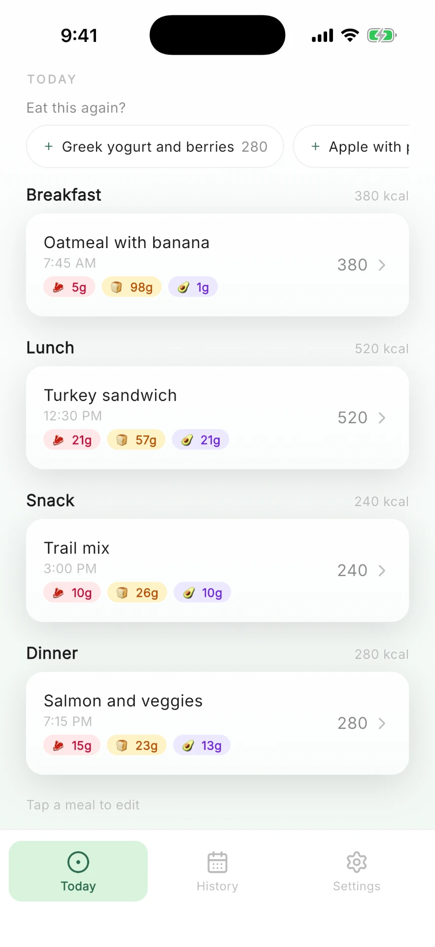 Peasy — Meals grouped across the day
