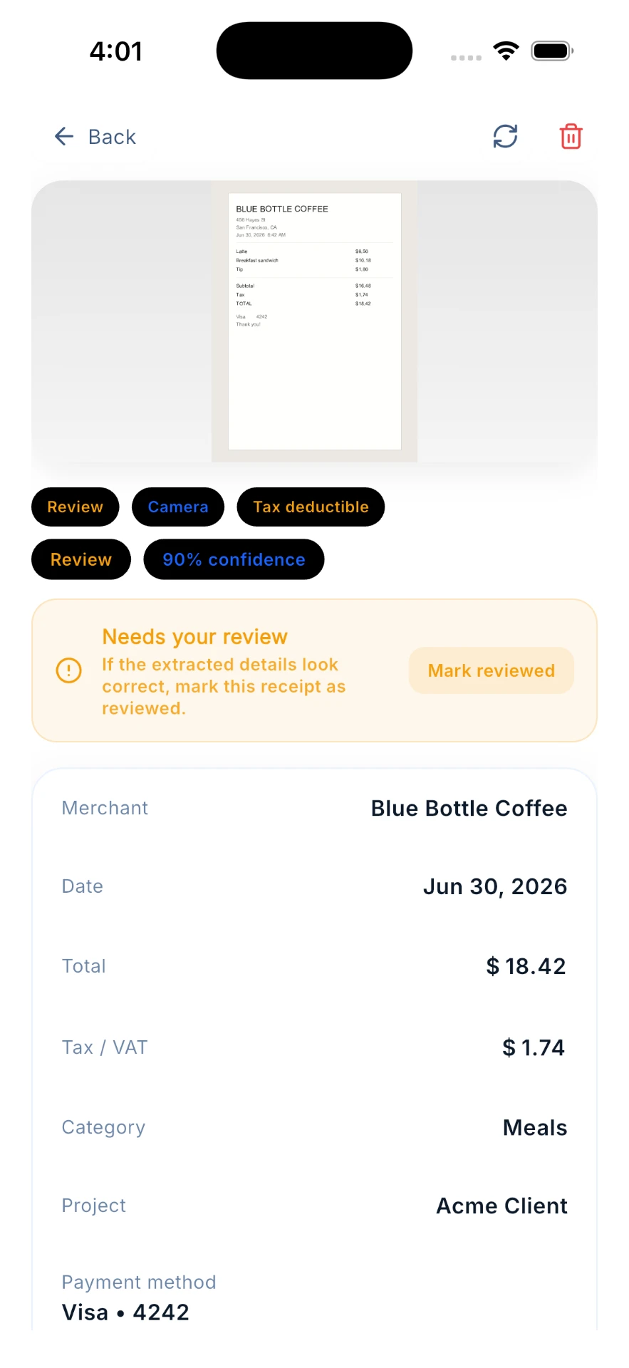Receipt Scanner — Receipt: Extracted receipt details shown as editable fields