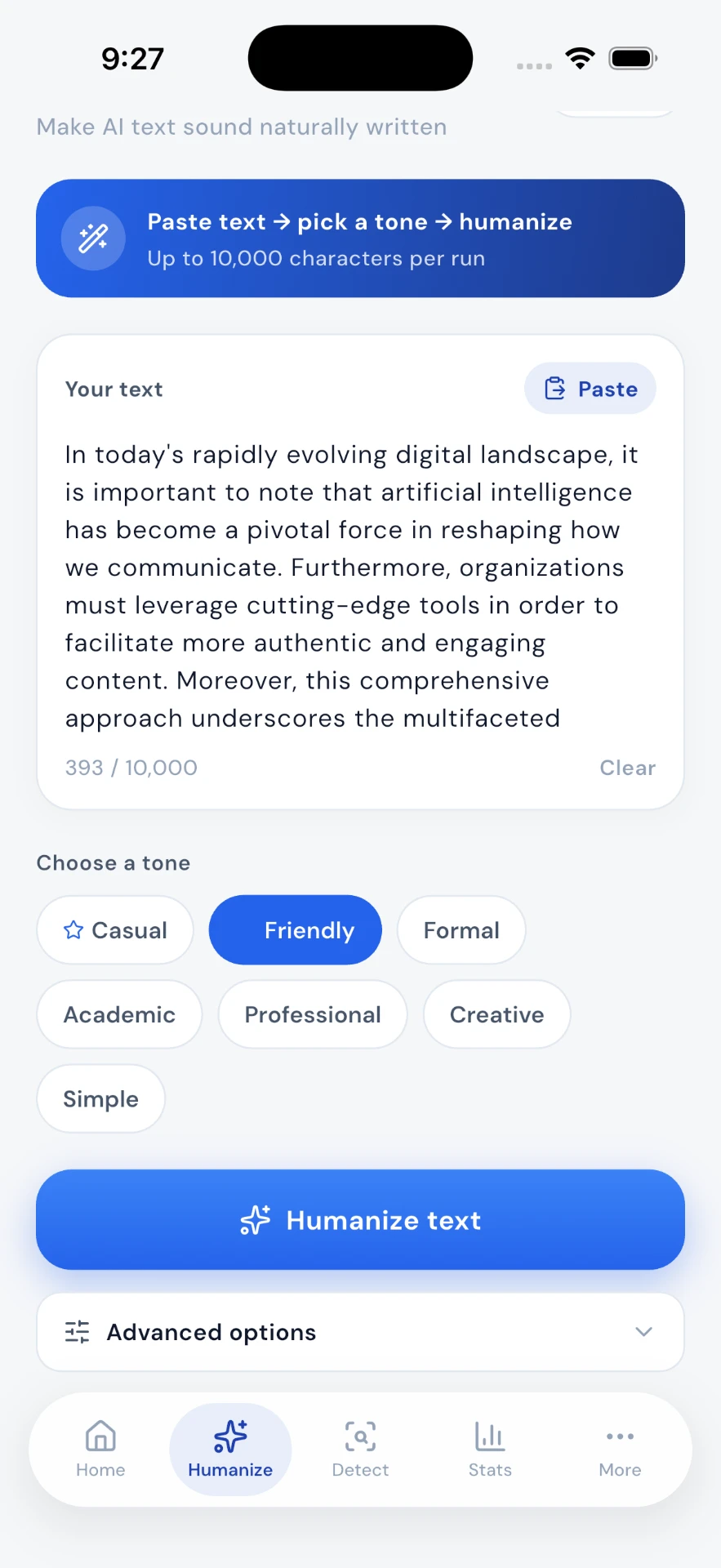 AI Humaniser — Paste a draft, choose a tone, rewrite in one tap