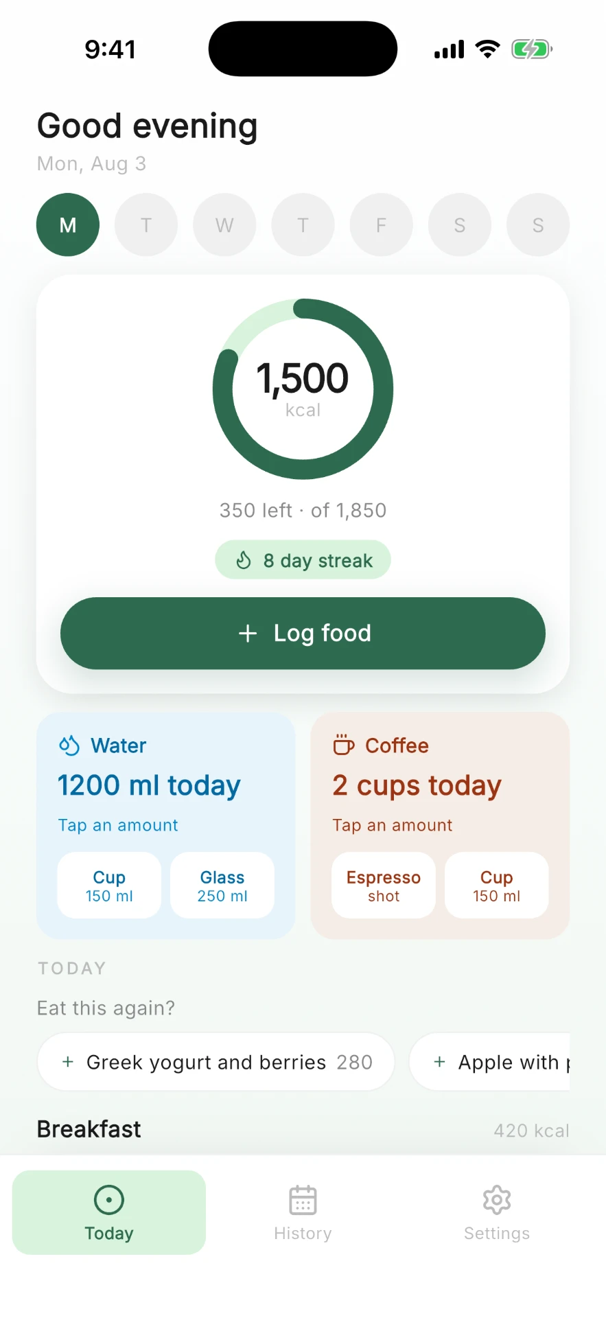 Peasy — Today: The day's logged meals as shown in the app