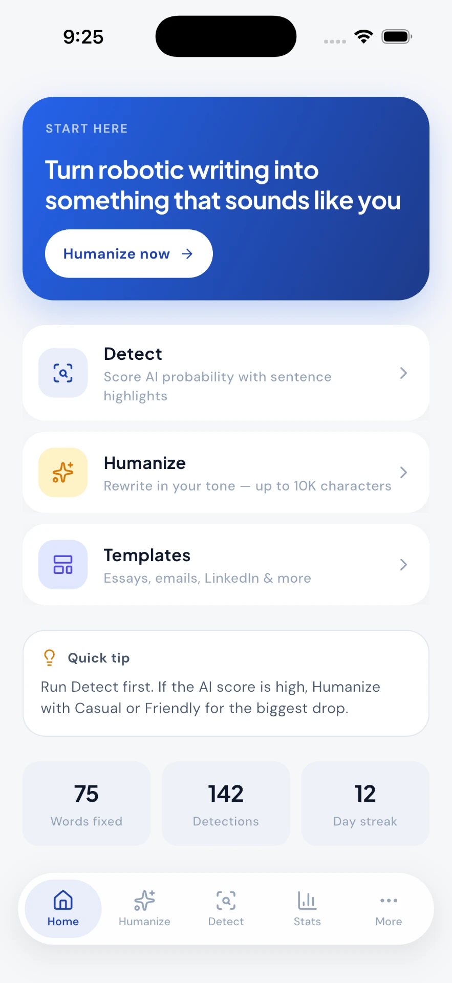 AI Humaniser — Detect, Humanize and Templates from the first screen